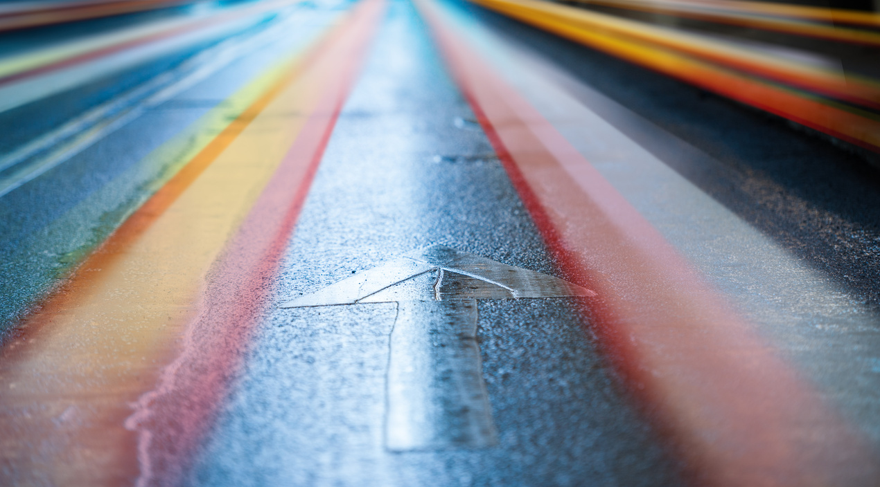 Into the bright future, traffic moving forward at night