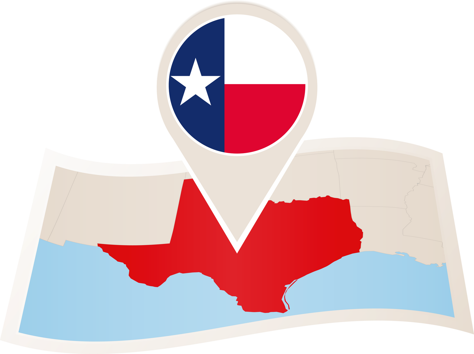 Folded paper map of Texas U.S. State with flag pin of Texas.